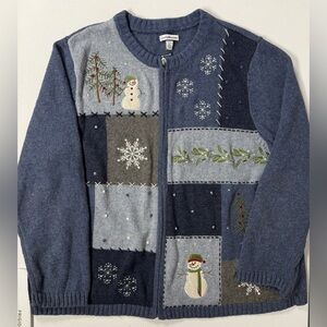 Croft & Barrow Winter Snowman Snowflake Blue Cardigan Knit Sweater Zip Women 2X